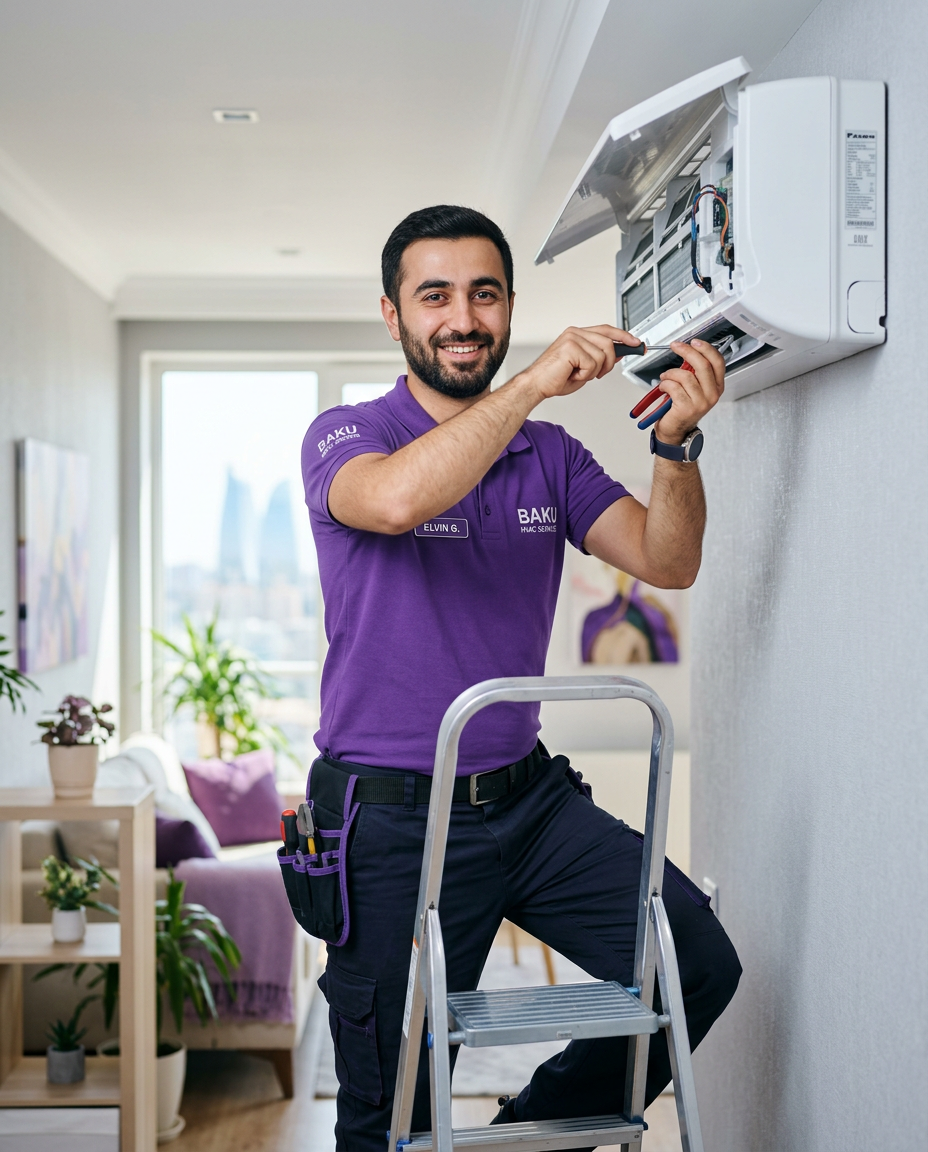 Bakıda mənzildə kondisioner təmir edən usta